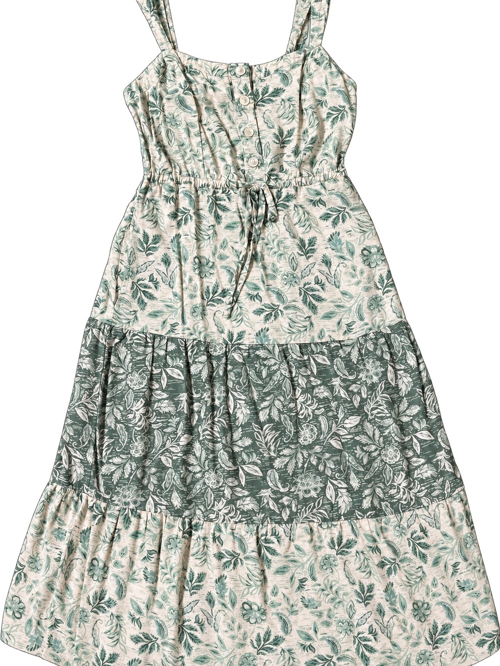 Lucky Brand Cream and Green Floral Tiered Maxi Dress